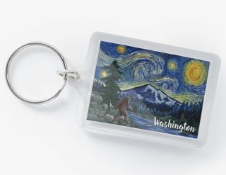 Keychain - Starry Night Bigfoot with Mt Rainier