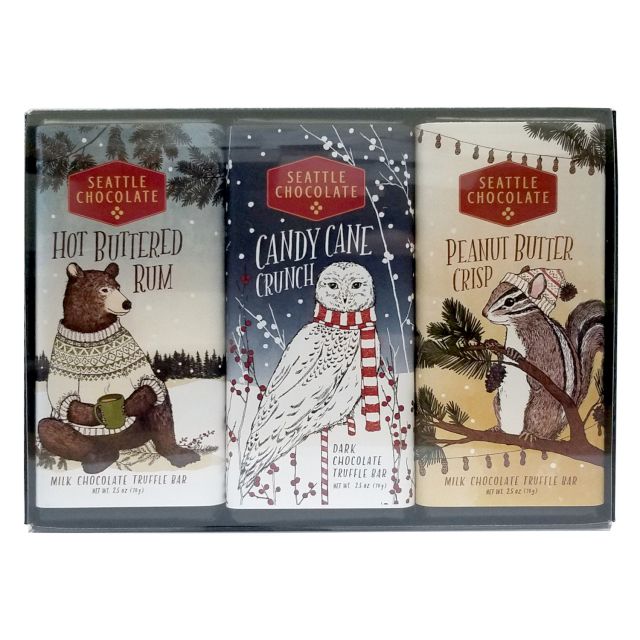 2023 Seattle Chocolates - Classic Holiday Truffle Bar Trio - Woodland Bear, Owl & Chipmunk