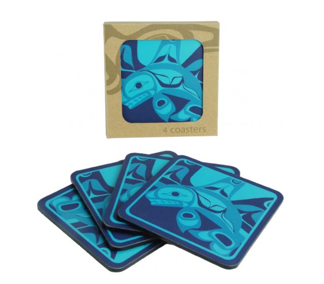 Coaster Set - Native American Design Coasters - Orca by Bill Helin - Set of 4 (Blue)