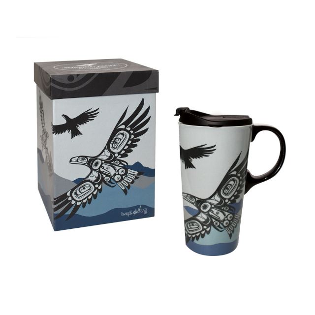 Native American - 17oz  Ceramic Travel Mug With Handle - Soaring Eagle by Corey Bulpitt