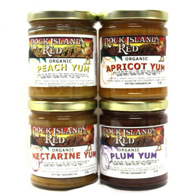 Rock Island Red - 1 jar of Apricot Yum, 1 jar of Peach Yum, 1 jar of Nectarine Yum and 1 jar of Plum Yum - Best Price: 4 jars (32 oz)